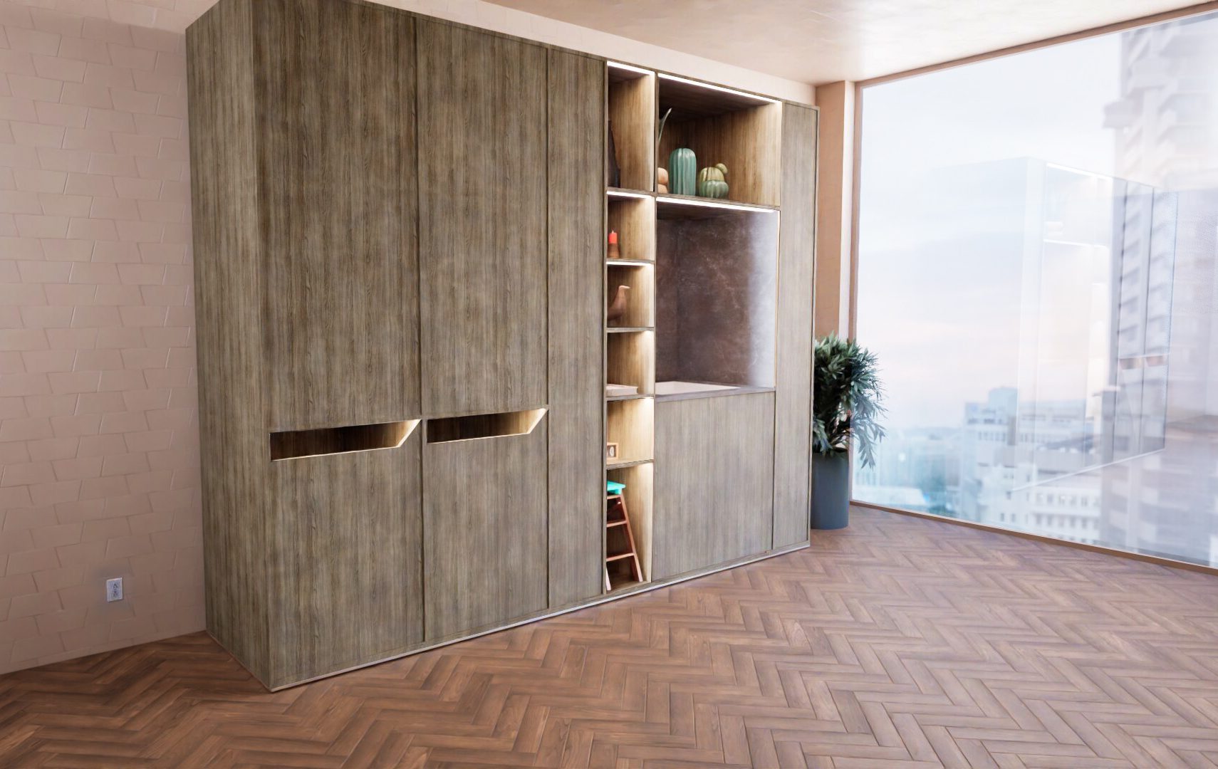 1.Pespective_close_V2 A modern wooden wall unit with cabinets, shelves displaying small plants and decor, next to a large window overlooking a cityscape.