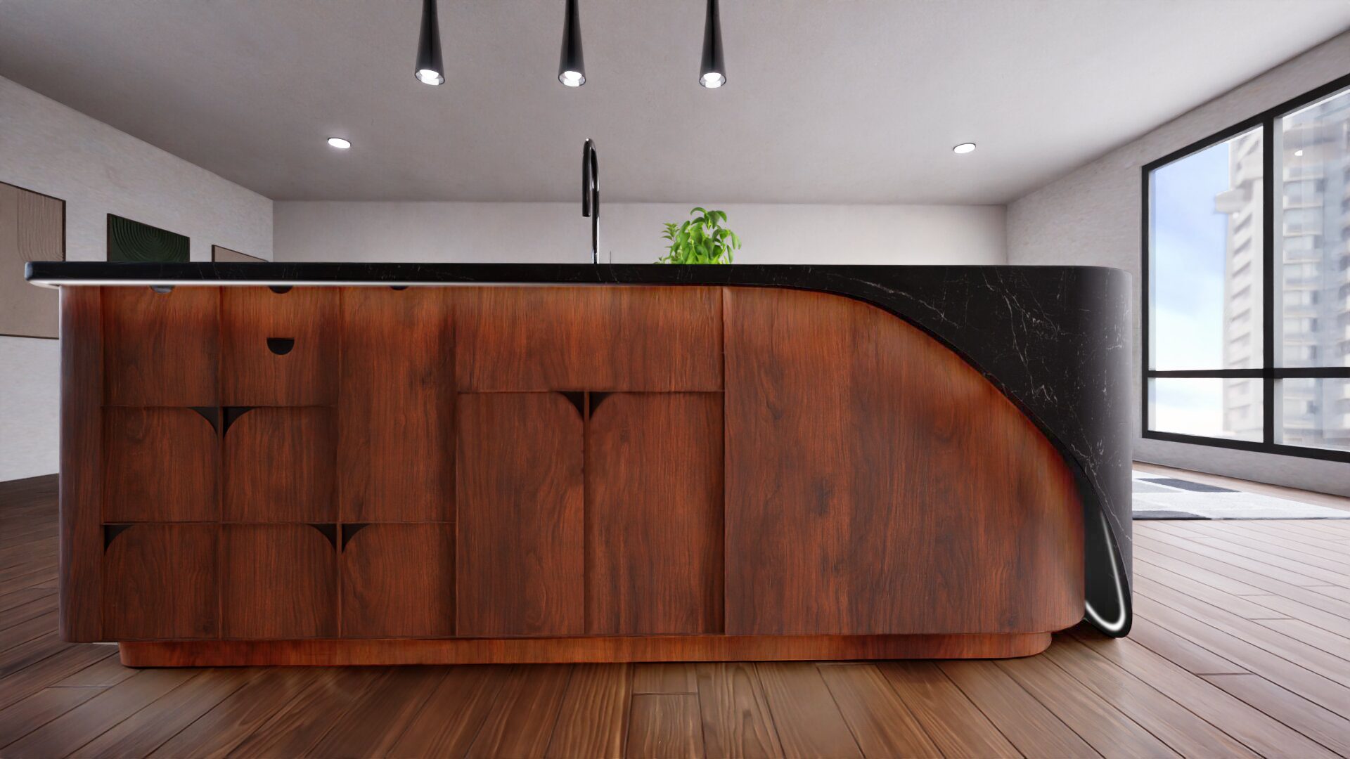 2.Front_V2 Modern kitchen island with dark wood cabinetry, a black marble countertop, a built-in sink, and three pendant lights hanging above. A green plant sits near the sink.
