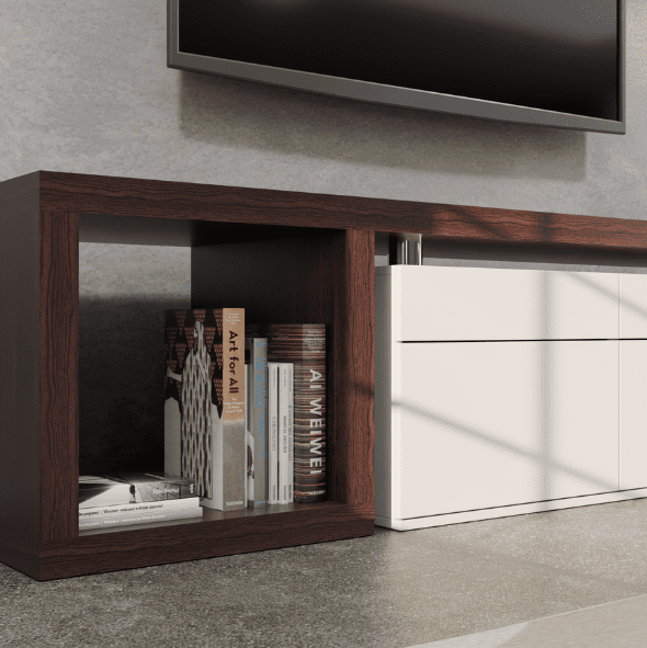 067 A modern TV stand with a dark wood open shelf holding books and a white cabinet with drawers, featuring a small plant on top.