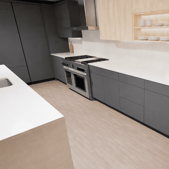 jj Modern kitchen with dark lower cabinets, light wood upper shelves, a gas stove, toaster, coffee maker, and a white countertop.
