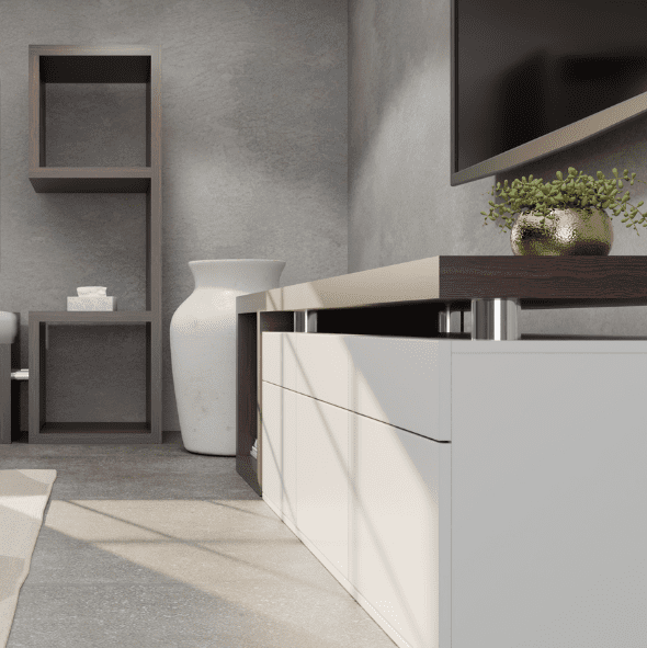 0008 Modern living room with geometric shelving, a bench under a window, a large white vase, and a TV stand with a plant on top. Light enters from a window on a gray textured wall.