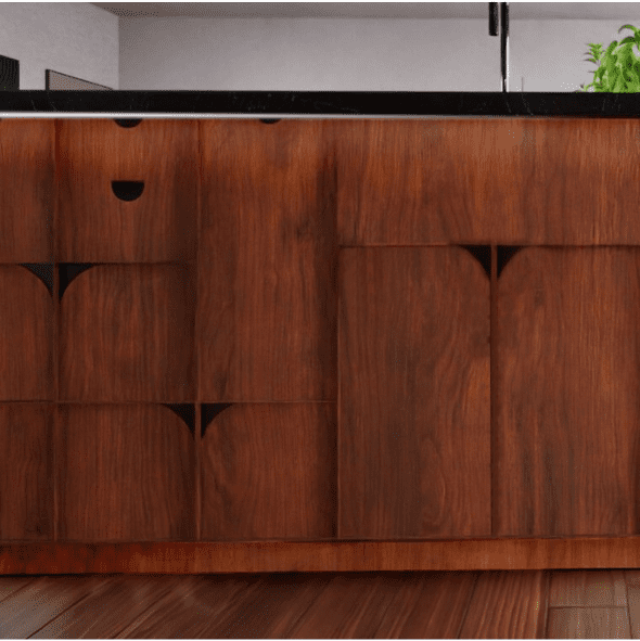 3 A close-up of a wooden cabinet with distinct geometric cutout handles and a black countertop above.