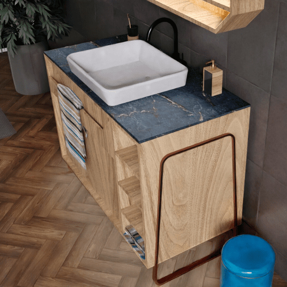 3 A modern bathroom vanity with a rectangular white sink, black faucet, blue marble countertop, wood cabinets, and a striped towel hanging on the side.
