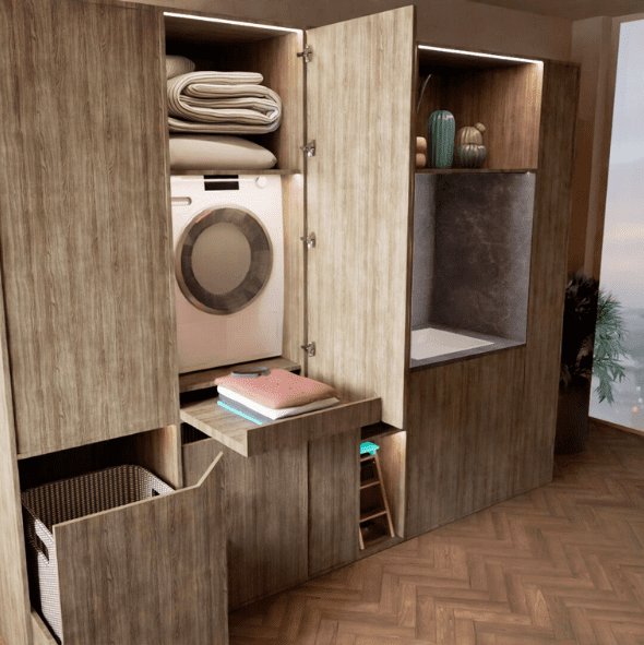 zzz A modern laundry area with a washer, folded towels, storage shelves, decor items, and a basket, built into wood cabinetry beside a large window overlooking a cityscape.
